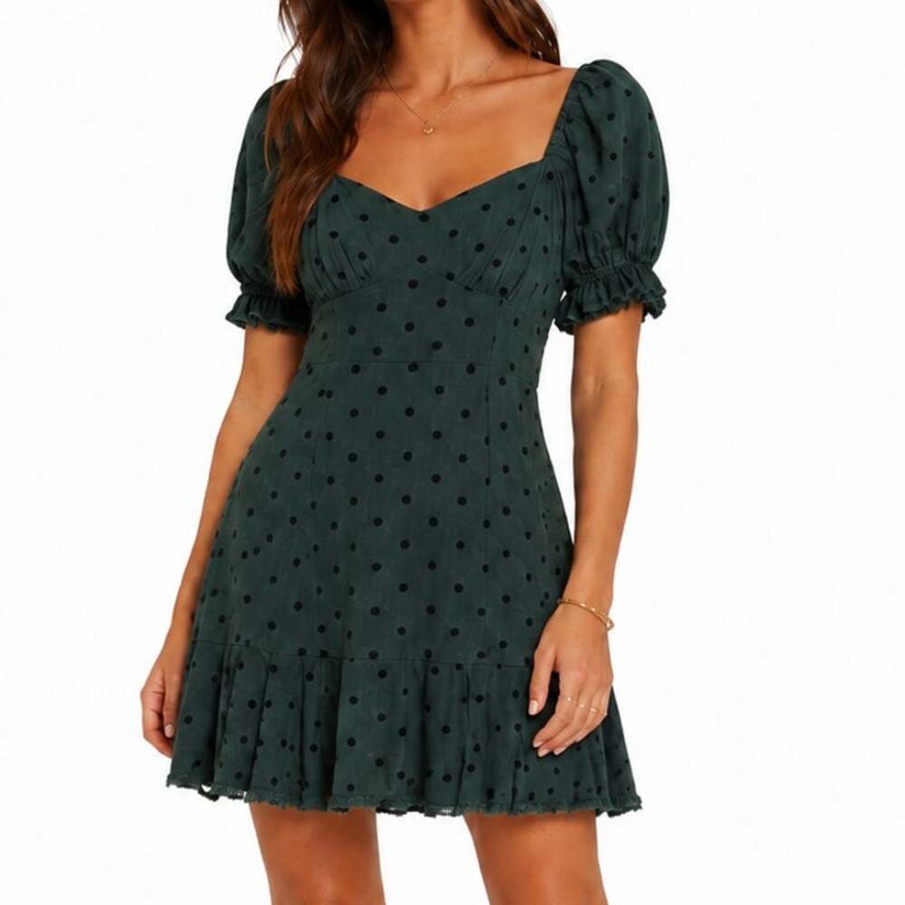Tularosa Green Black Polka Dot Linen Blend Puff Sleeve Mini Dress M Revolve